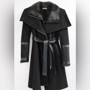 Mackage Black Wool Cashmere Fur Collar Coat w/ Leather Trim – M